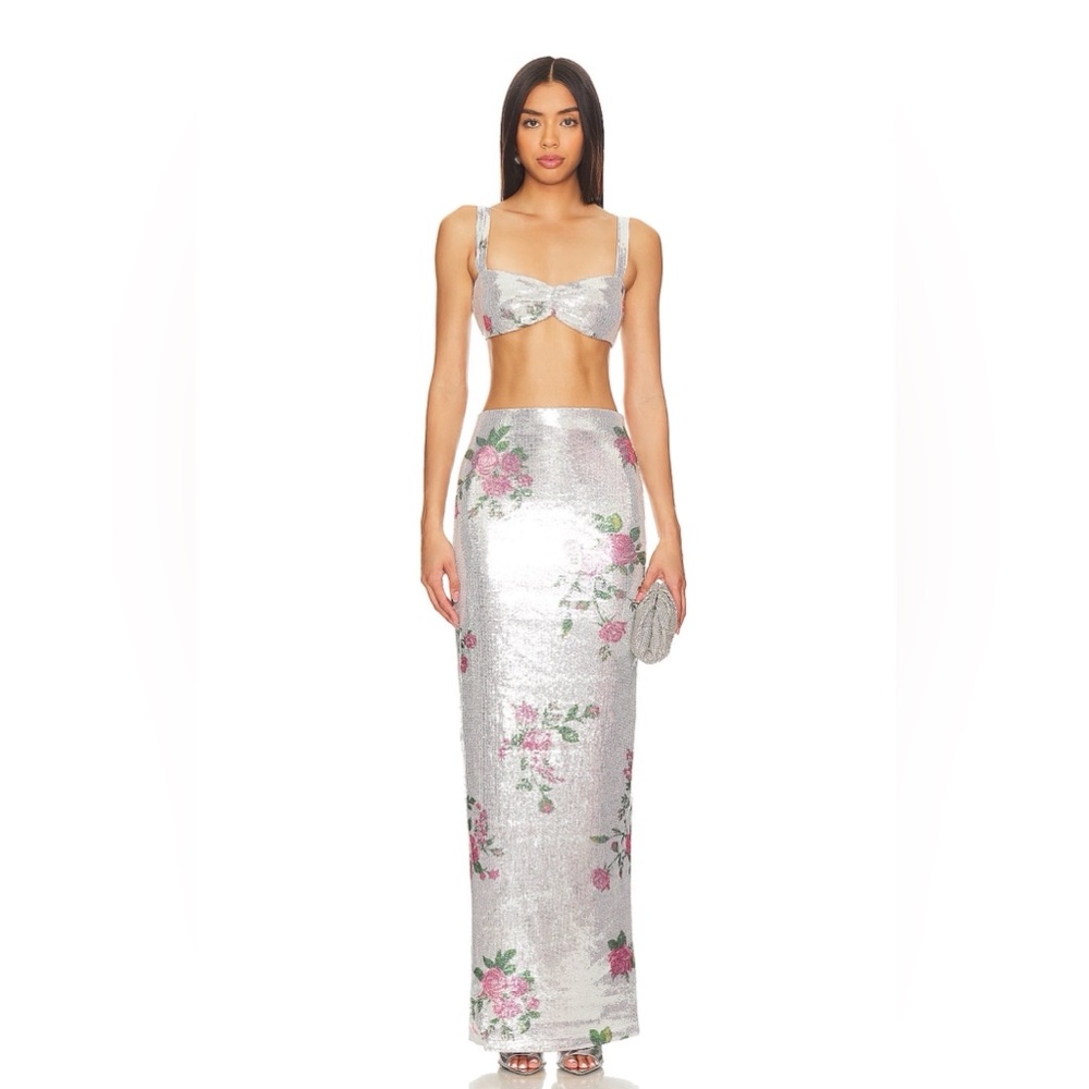 Camila Coelho Pia Silver Sequin Floral Maxi Skirt